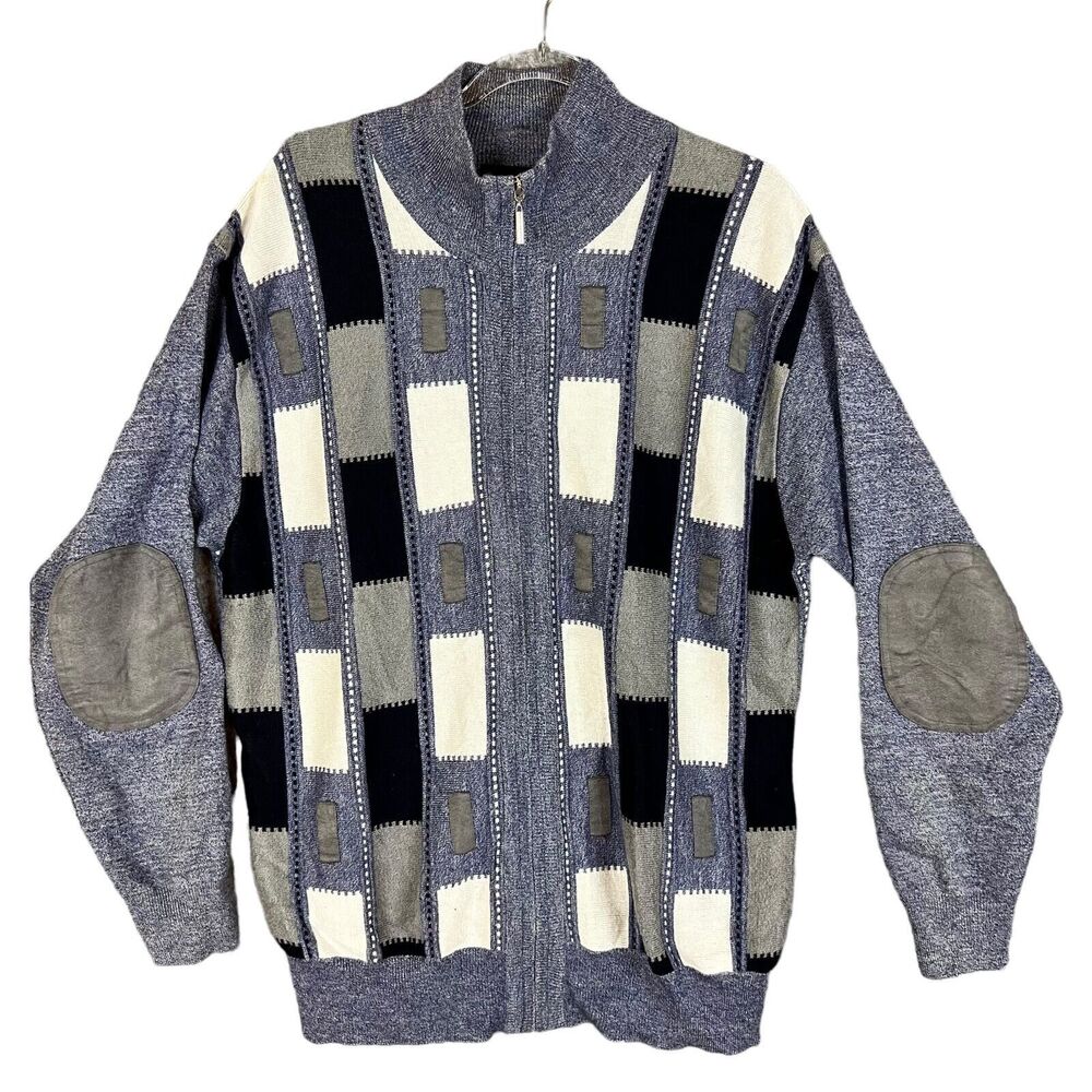 Silver Silk Sweater Mens L Elbow Patch Full Zip Textured Blue White Black Soft!